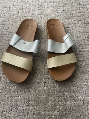 Reef Two-Stripe Slide Sandals in Silver and Gold